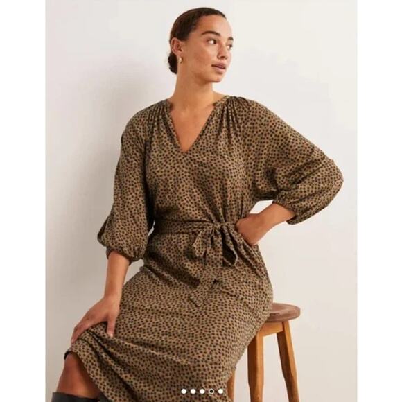 Boden Notch Neck Jersey Midi Dress Floral 3/4 Balloon Sleeve Belted, Brown - Picture 3 of 12